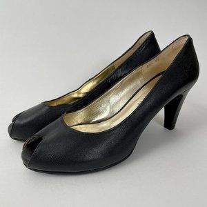 Ron White All Day Heels Black Leather Peeptoe Peep Toe Pumps, Size 39 (8.5)